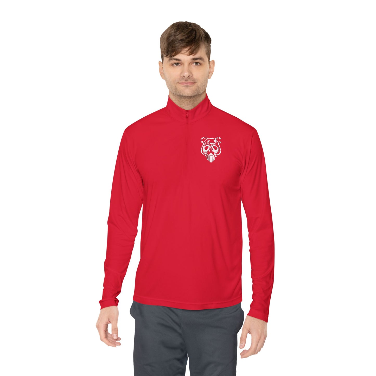 Quarter-Zip Pullover — Minimal White Pullover with Subtle Chest Crest & 'Dye Panda' Back Script