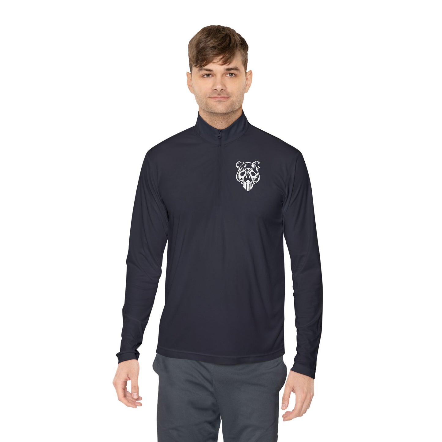 Quarter-Zip Pullover — Minimal White Pullover with Subtle Chest Crest & 'Dye Panda' Back Script