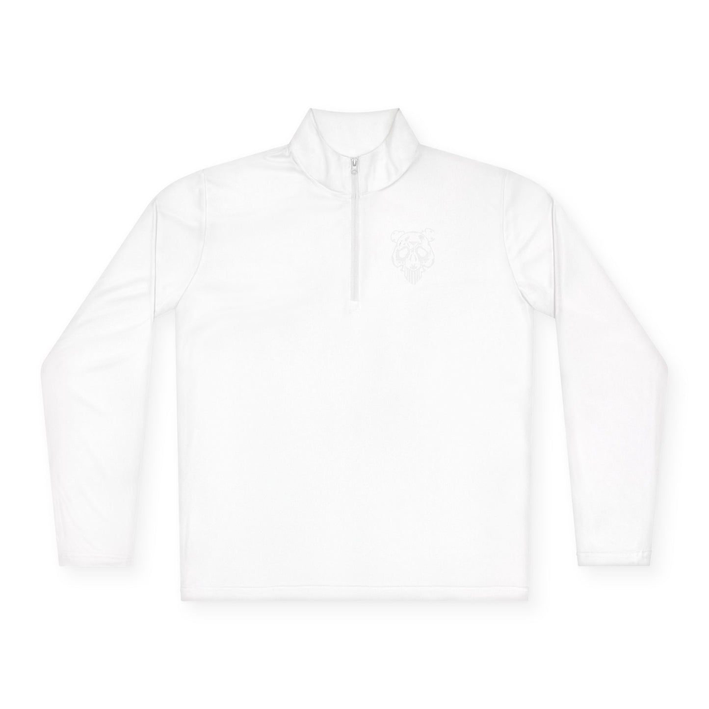Quarter-Zip Pullover — Minimal White Pullover with Subtle Chest Crest & 'Dye Panda' Back Script