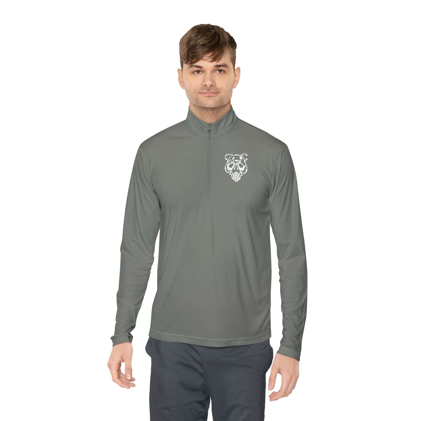 Quarter-Zip Pullover — Minimal White Pullover with Subtle Chest Crest & 'Dye Panda' Back Script