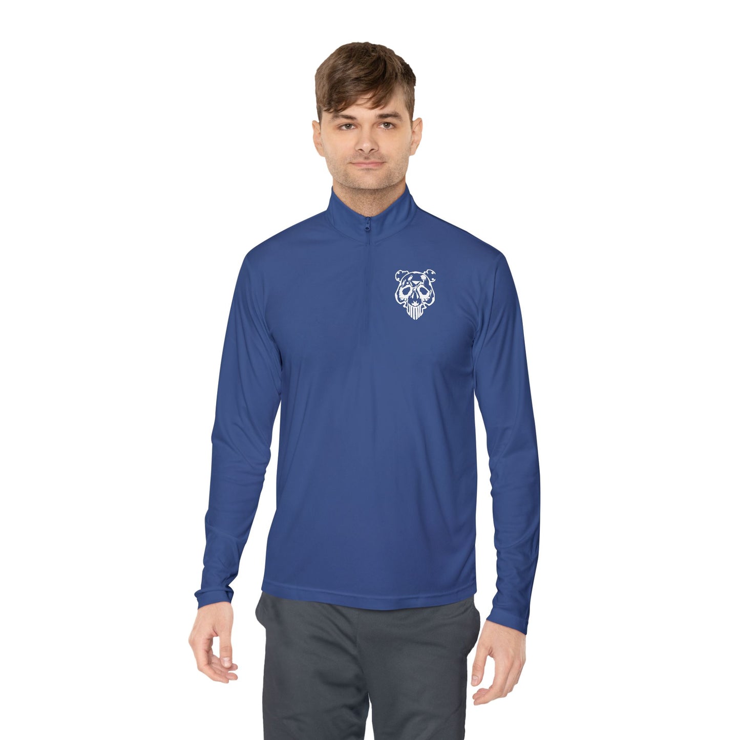 Quarter-Zip Pullover — Minimal White Pullover with Subtle Chest Crest & 'Dye Panda' Back Script