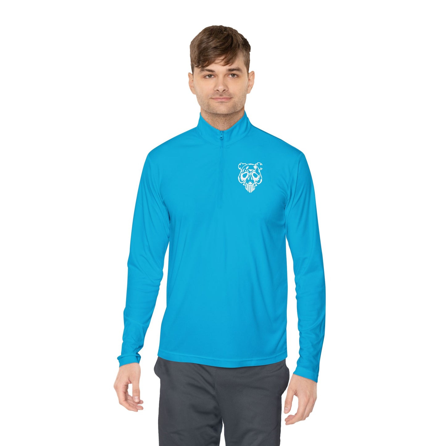 Quarter-Zip Pullover — Minimal White Pullover with Subtle Chest Crest & 'Dye Panda' Back Script
