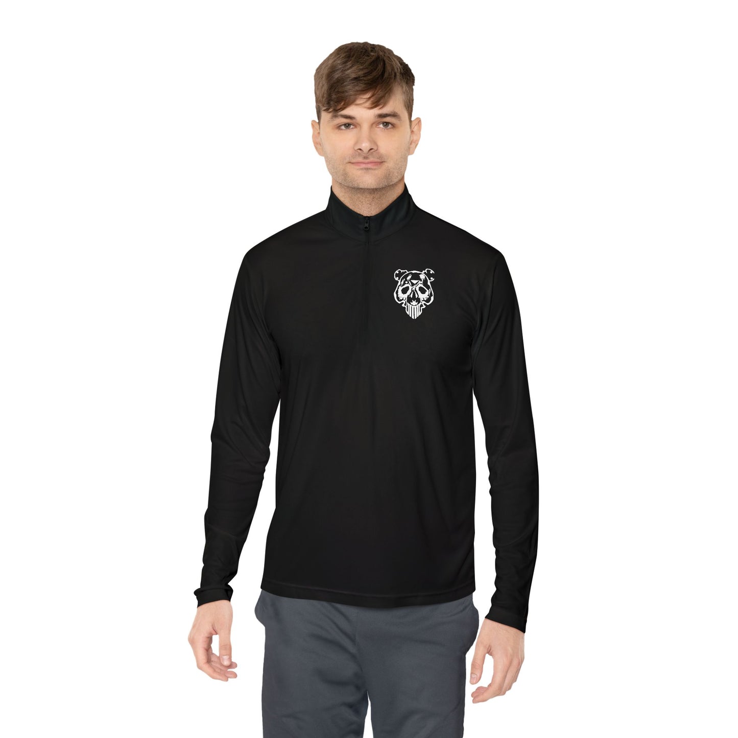 Quarter-Zip Pullover — Minimal White Pullover with Subtle Chest Crest & 'Dye Panda' Back Script