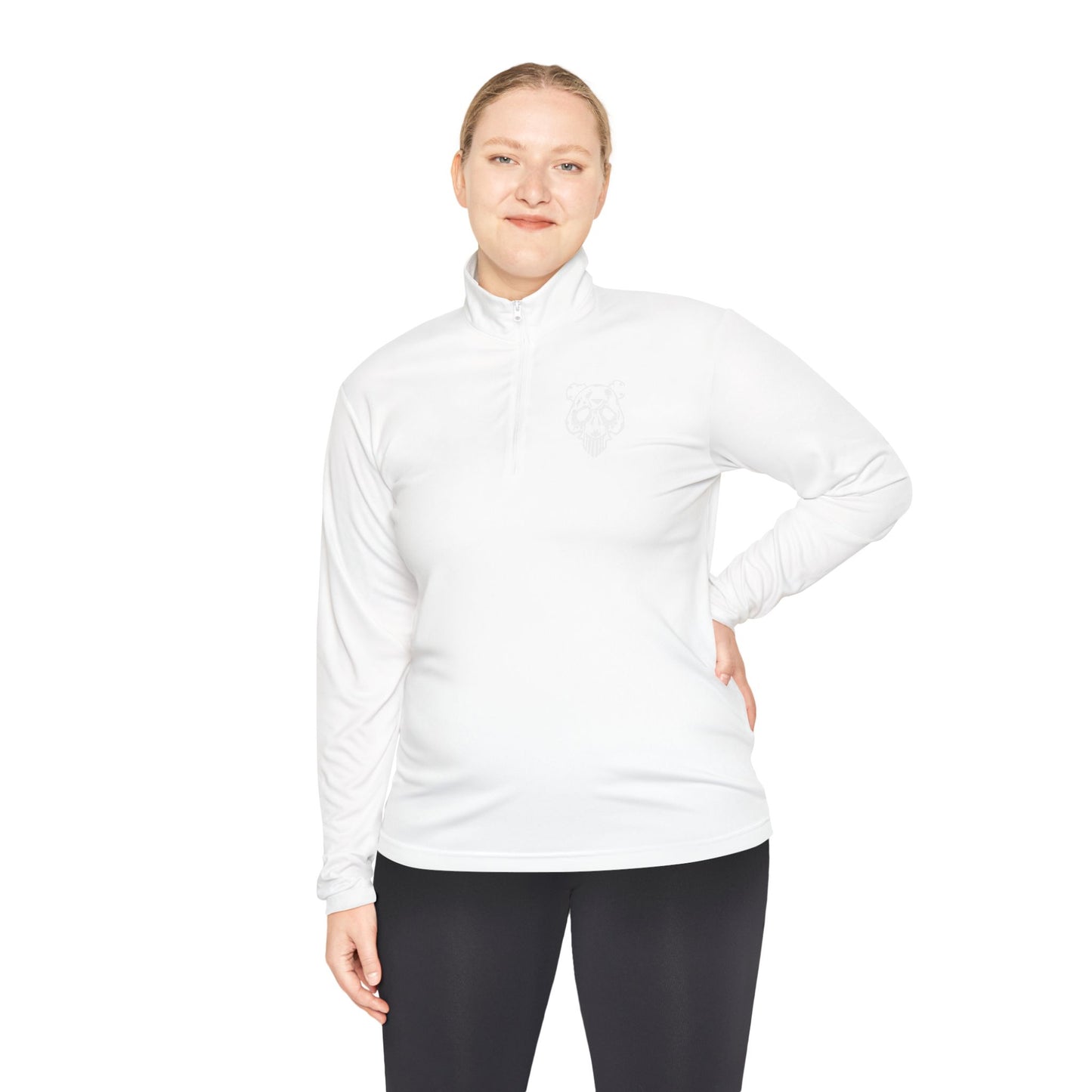 Quarter-Zip Pullover — Minimal White Pullover with Subtle Chest Crest & 'Dye Panda' Back Script