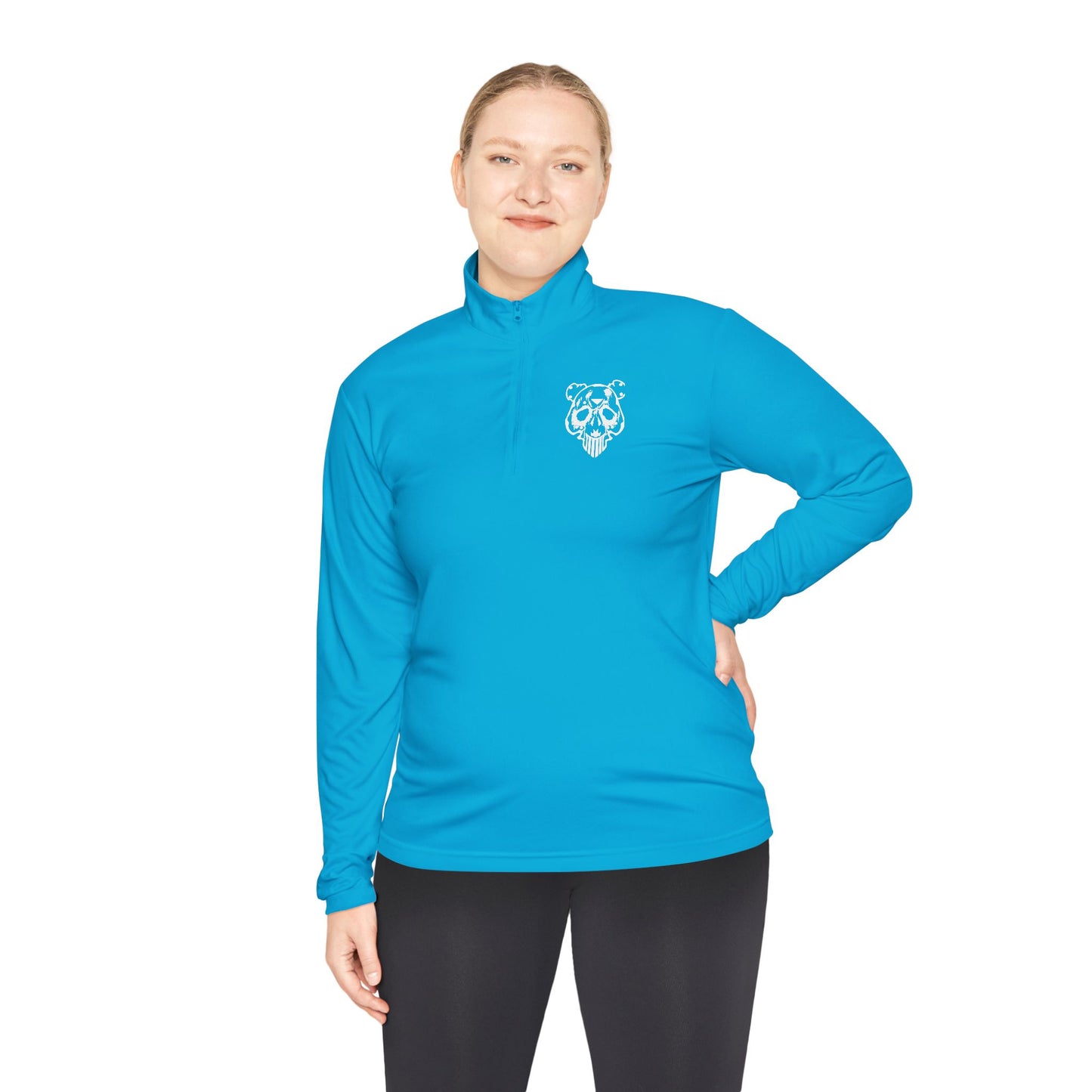 Quarter-Zip Pullover — Minimal White Pullover with Subtle Chest Crest & 'Dye Panda' Back Script
