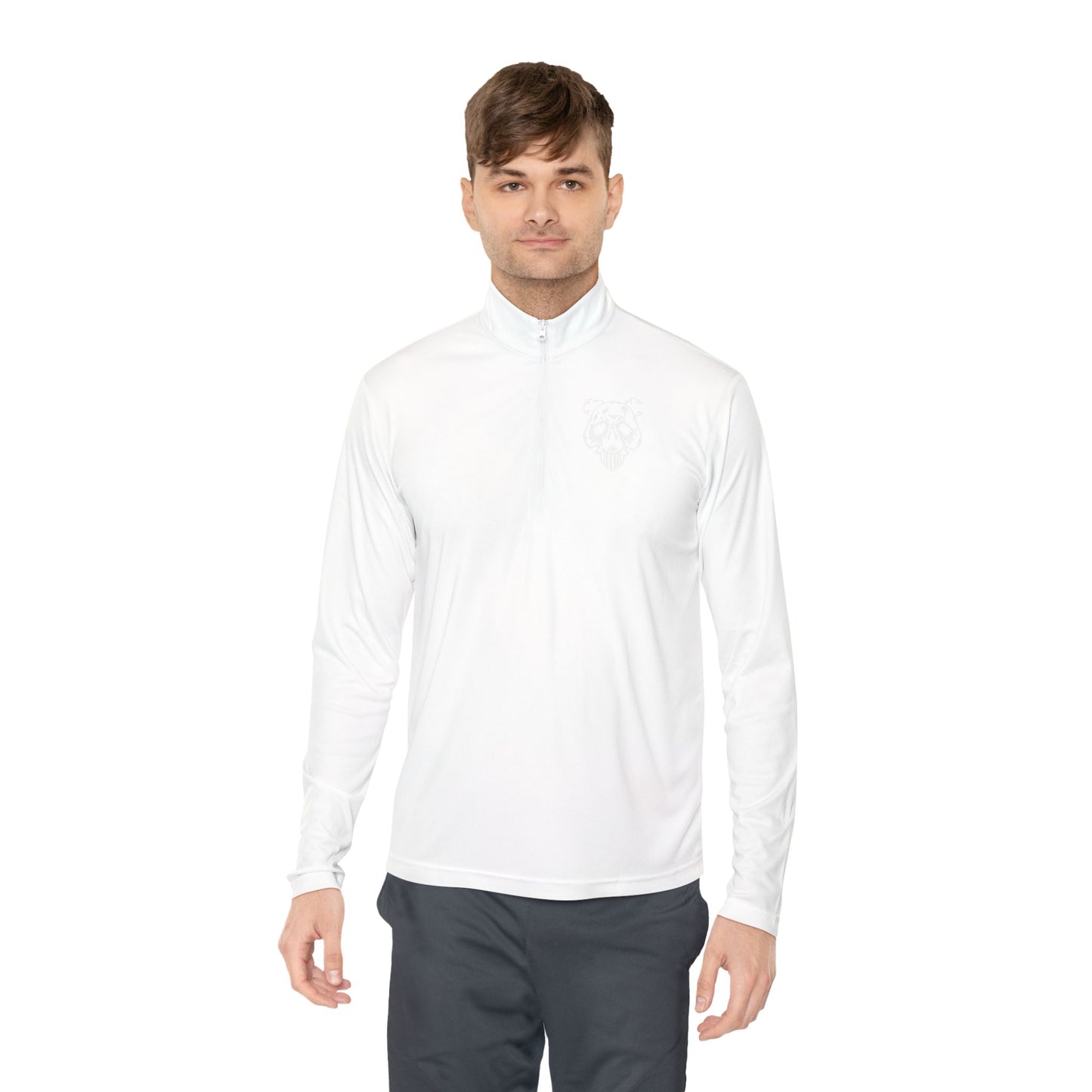Quarter-Zip Pullover — Minimal White Pullover with Subtle Chest Crest & 'Dye Panda' Back Script